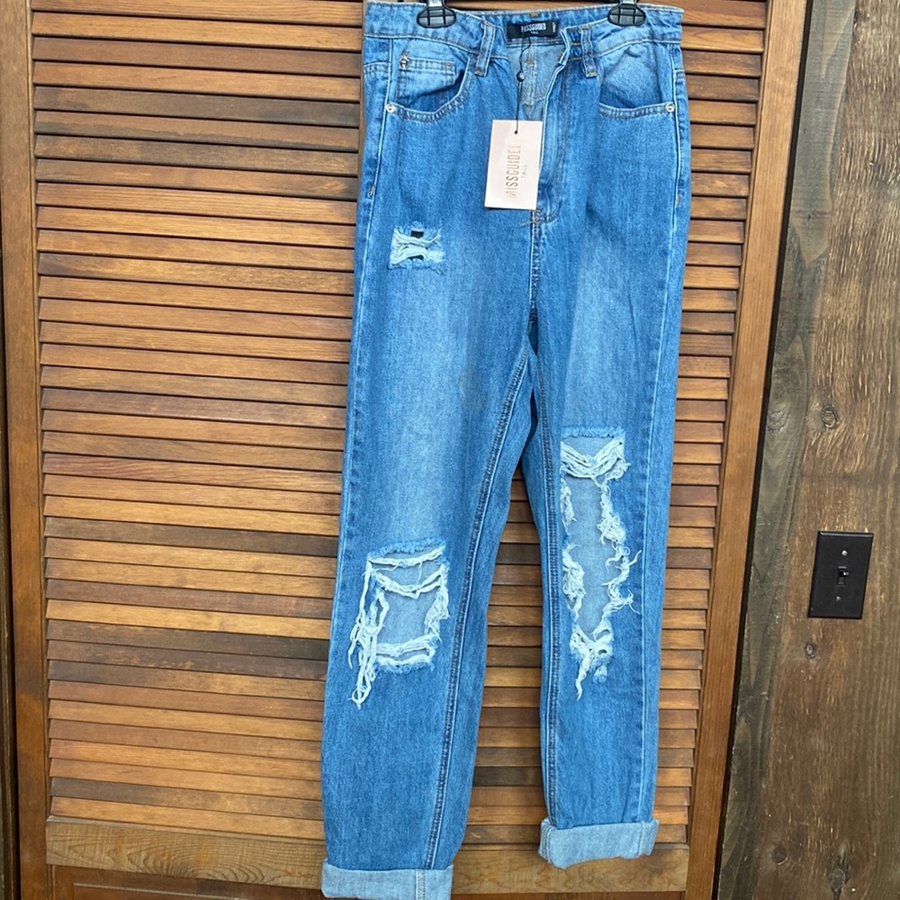 Missguided High Rise Ripped Blue Jeans